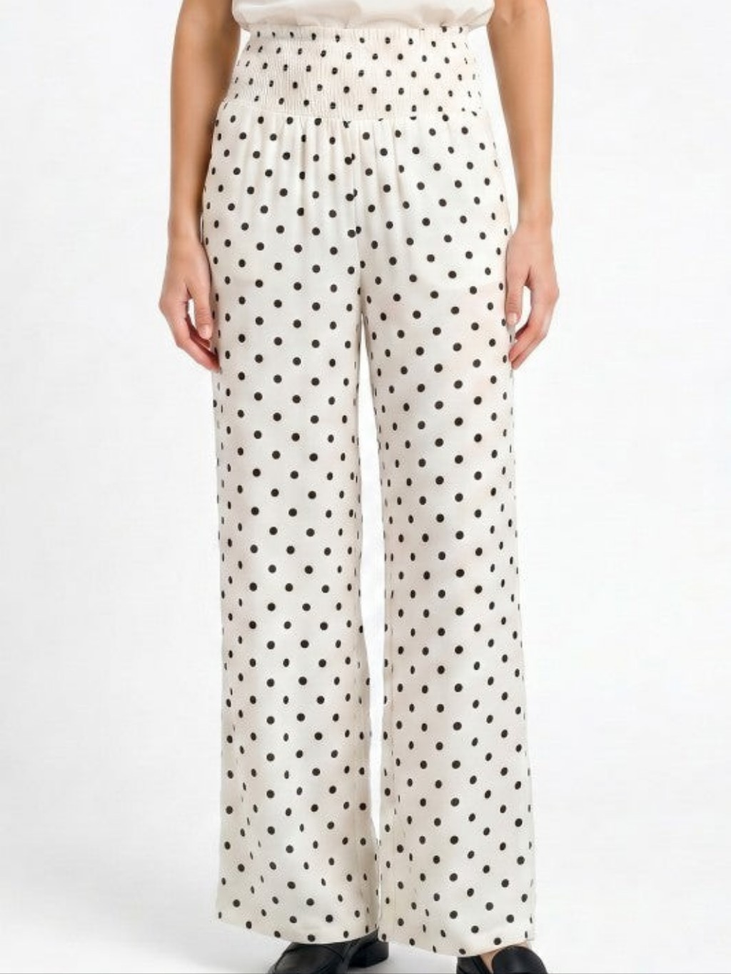 White & Black Smocked Waist Polka Dot Wide Leg Pants